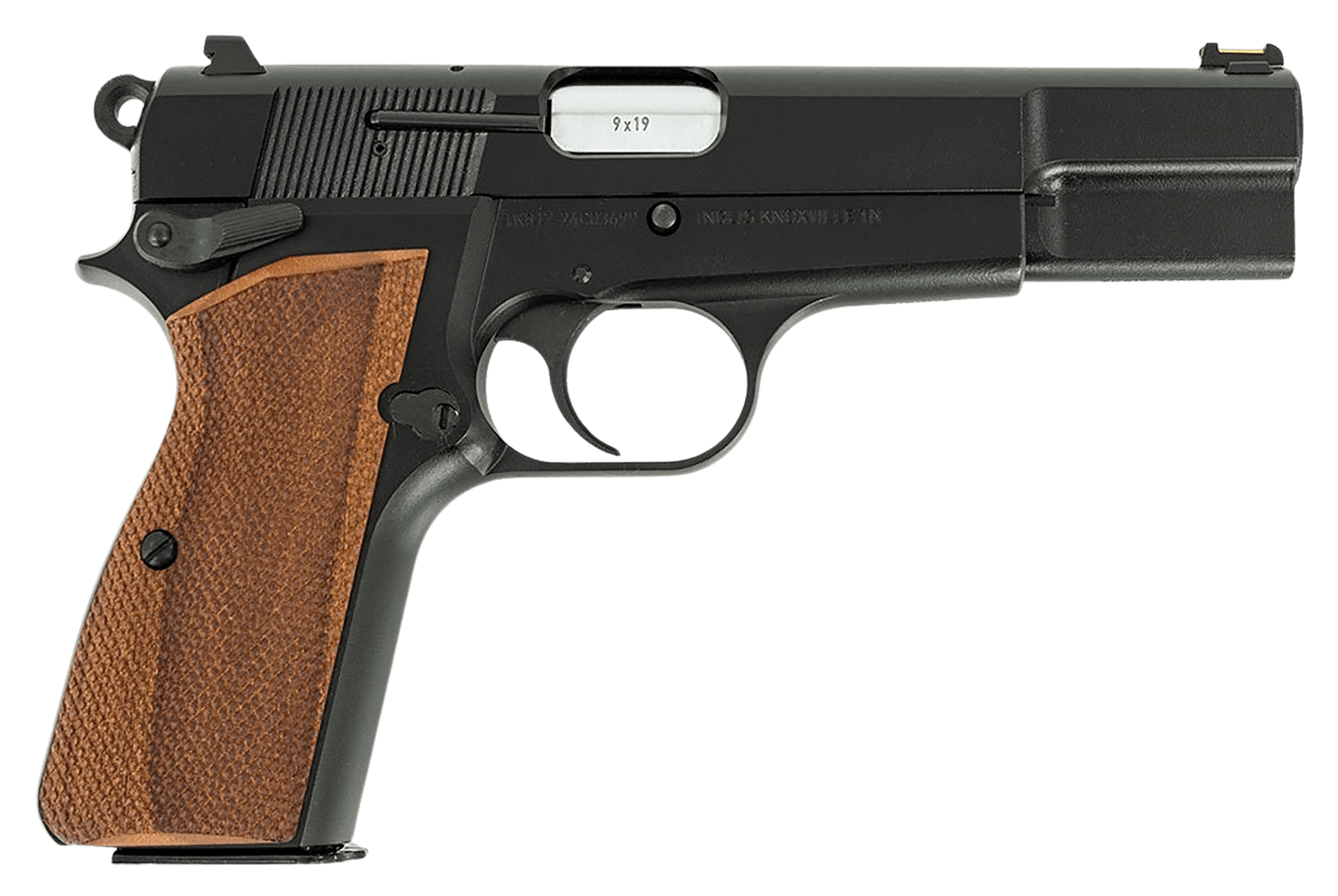 Inglis 12000009 P-35 Full Size Frame 9mm Luger 15+1 4.70" Hard Chrome Plated Button Rifled Barrel Black Cerakote Steel Serrated Slide Black Cerakote Steel Frame Walnut Checkered Grip