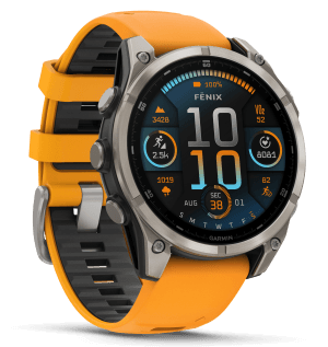 Garmin 0100290410 Fenix 8  47mm Fiber Reinforced Polymer w/Titanium 1.40″ AMOLED Display  Spark Orange/Graphite Silicone Band