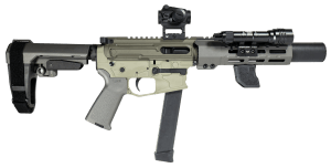 Shark Coast Tactical SCCSNKYSD9002 Sneeky Pete Deluxe 9mm Luger 33+1 5.50″ Suppressor Ready Barrel  M-LOK Handguard  Two-Tone Green Cerakote Receiver w/Picatinny Rail  Tungsten Cerakote Polymer SB Tactical SBA3 Brace  MAGPUL Grip  Vortex Crossfire Red Dot
