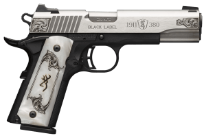 Browning 051966492 1911 Black Label Medallion Full Size Frame 380 ACP 8+1 4.25" Matte Stainless Steel Barrel & Serrated Slide  Matte Black Polymer Frame w/Beavertail  White Imitation Pearl Grip