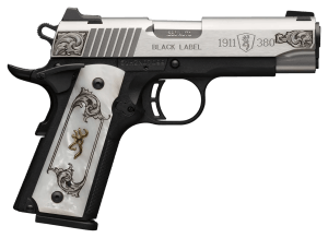 Browning 051967492 1911 Black Label Medallion Compact 380 ACP 8+1 3.63" Matte Stainless Stainless Steel Barrel & Serrated Slide  Matte Black Polymer Frame w/Beavertail  White Imitation Pearl Grip