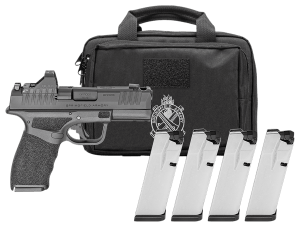 Springfield Armory HCP9379BOSPLCCOMPAC Hellcat Pro Comp OSP Gear Pac 9mm Luger 10+1 3.70" Black Melonite Steel Barrel & Integrated Compensator/Optic Ready/Serrated Slide  Black Polymer Frame w/Picatinny Rail  Textured Grip  Viridian RFX-11 Green Dot