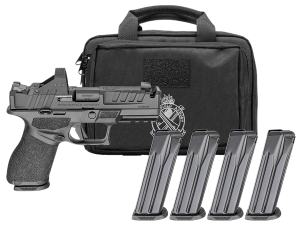 Springfield Armory EC9409BLCCOMPPAC Echelon Comp Gear Pac 9mm Luger 10+1 4" Black Melonite Ported Barrel & Steel Integrated Compensator/Optic Ready/Serrated Slide  Black Polymer Frame w/Picatinny Rail  Textured Grip  Viridian RFX-11 Green Dot  Ambi