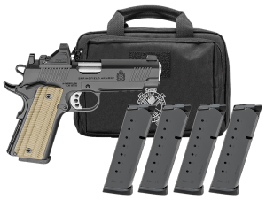 Springfield Armory PO9227AOSPAC 1911 Operator AOS Gear Pac 9mm Luger 9+1 4.25" Stainless Match Grade Barrel  Black Cerakote Optic Ready/Serrated Carbon Steel Slide  Black Cerakote Aluminum Frame w/Beavertail & Picatinny Rail  VZ G10 Grip  Viridian RFX-11