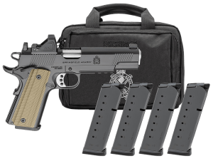 Springfield Armory PO9230AOSPAC 1911 Operator AOS Gear Pac 45 ACP 8+1 5" Stainless Match Grade Barrel  Black Cerakote Optic Ready/Serrated Carbon Steel Slide  Black Cerakote Steel Frame w/Beavertail & Picatinny Rail  VZ G10 Grip  Viridian RFX-11 Green Dot