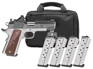 Springfield Armory PX9117LAOSPAC 1911 Ronin AOS Gear Pac 9mm Luger 9+1 4.25" Stainless Match Grade Barrel  Blued Carbon Steel Optic Ready/Serrated Slide  Satin Cerakote Aluminum Frame w/Beavertail  Crossed Cannon Wood Laminate Grip  Viridian RFX-11 Green