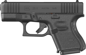 Glock UV2650201 G26 V Sub-Compact Frame 9mm Luger 10+1 3.43" Black GMB Barrel  Black Steel Serrated Slide  Black Polymer Frame  Textured Polymer Grip  Ambidextrous