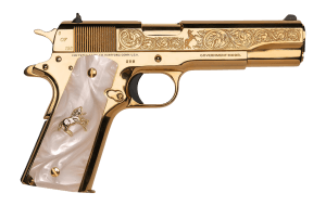 Cnc Firearms CNCMIDAS Colt 1911 Midas Sports South Exclusive Government 38 Super 7+1 5" Gold Plated Match Grade Barrel  24K Gold Plated Stainless Steel Engraved Scrollwork/Serrated Slide & Frame  Mother of Pearl Grip w/Gold Colt Medallion