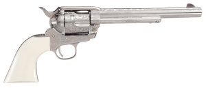 Taylors & Company  1873 Outlaw Legacy Pietta 45 Colt (Long Colt) 6 Shot 7.50" Nickel Engraved Round Barrel  Cylinder & Steel Frame  White PVC Navy Grip  Manual Safety  Exposed Hammer