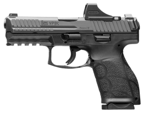 HK 81001162 VP9A1 K w/Optic *CA Compliant Compact 9mm Luger 10+1 4.09" Black Steel Serrated w/Optic Slide  Black Polymer Frame w/Picatinny Rail  Interchangeable Backstrap Grip  Holosun SCS Super Green  Ambidextrous