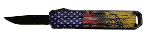 Xcaliber Knife Company  Drop Point  Mini 1.80" OTF Drop Point Plain Black 440C SS Blade  3.52" US Flag Aluminum Handle