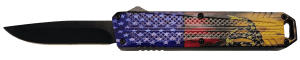 Xcaliber Knife Company  Don't Tread on Me  Medium 3.20" OTF Drop Point Plain Black 440C SS Blade  4.80" US Flag Aluminum Handle