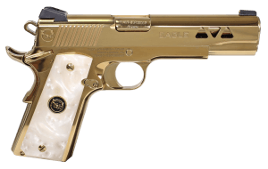 Iver Johnson Arms GOLDENEAGLE Eagle Gen2 Golden Government 45 ACP 8+1 5" Overall Polished Gold PVD Crowned Barrel   Ported/Serrated Slide & Steel Frame w/Beavertail  White Pearlized w/Logo Medallion Grip