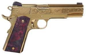 Iver Johnson Arms NOBLEEAGLEEX Eagle Gen2 Nobel EX 45 ACP 8+1 5" Polished Gold PVD Crowned Barrel  Polished Gold PVD w/Ornate Scroll Engraving Steel Serrated Slide & Frame w/Beavertail  Exotic Amboina Dark Wood Grip