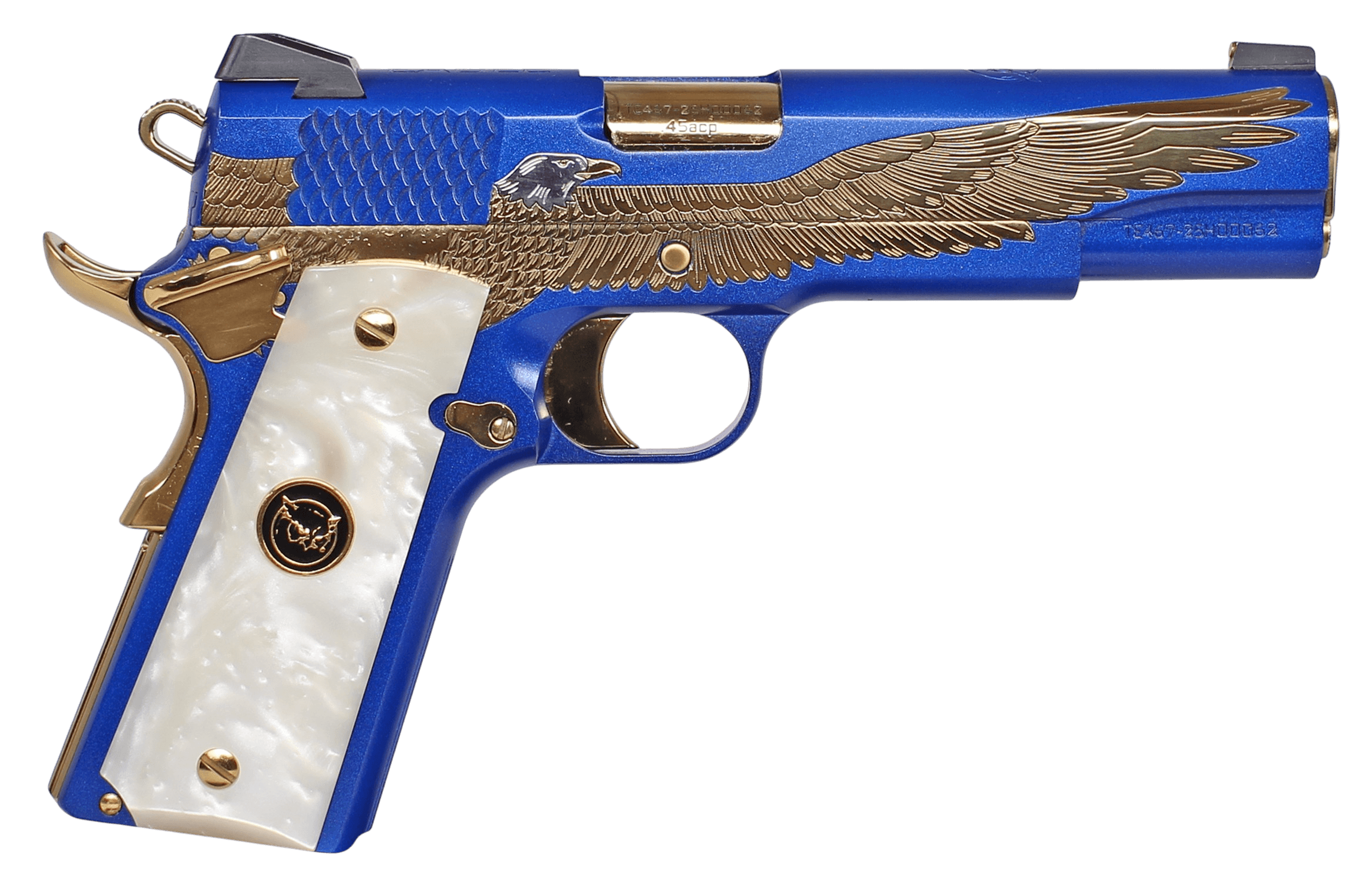 Iver Johnson Arms MAJESTICEAGLE Eagle Gen2 Majestic 45 ACP 8+1 5″ Polished Gold PVD Crowned Barrel Matte Royal Blue PVD w/Engraved Polished Gold Eagle Steel Serrated Slide Matte & Frame w/Beavertail White Pearlized w/Logo Medallion Grip Iver Johnson Arms MAJESTICEAGLE Eagle Gen2 Majestic 45 ACP 8+1 5″ Polished Gold PVD Crowned Barrel Matte Royal Blue PVD w/Engraved Polished Gold Eagle Steel Serrated Slide Matte & Frame w/Beavertail White Pearlized w/Logo Medallion Grip