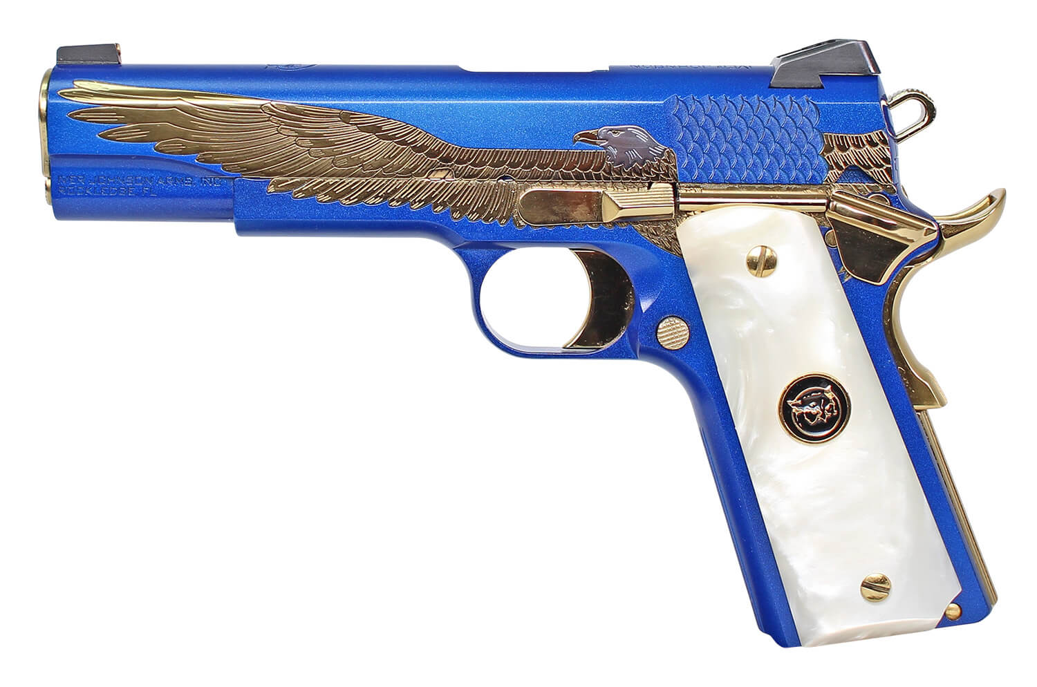 Iver Johnson Arms MAJESTICEAGLE Eagle Gen2 Majestic 45 ACP 8+1 5″ Polished Gold PVD Crowned Barrel Matte Royal Blue PVD w/Engraved Polished Gold Eagle Steel Serrated Slide Matte & Frame w/Beavertail White Pearlized w/Logo Medallion Grip Iver Johnson Arms MAJESTICEAGLE Eagle Gen2 Majestic 45 ACP 8+1 5″ Polished Gold PVD Crowned Barrel Matte Royal Blue PVD w/Engraved Polished Gold Eagle Steel Serrated Slide Matte & Frame w/Beavertail White Pearlized w/Logo Medallion Grip