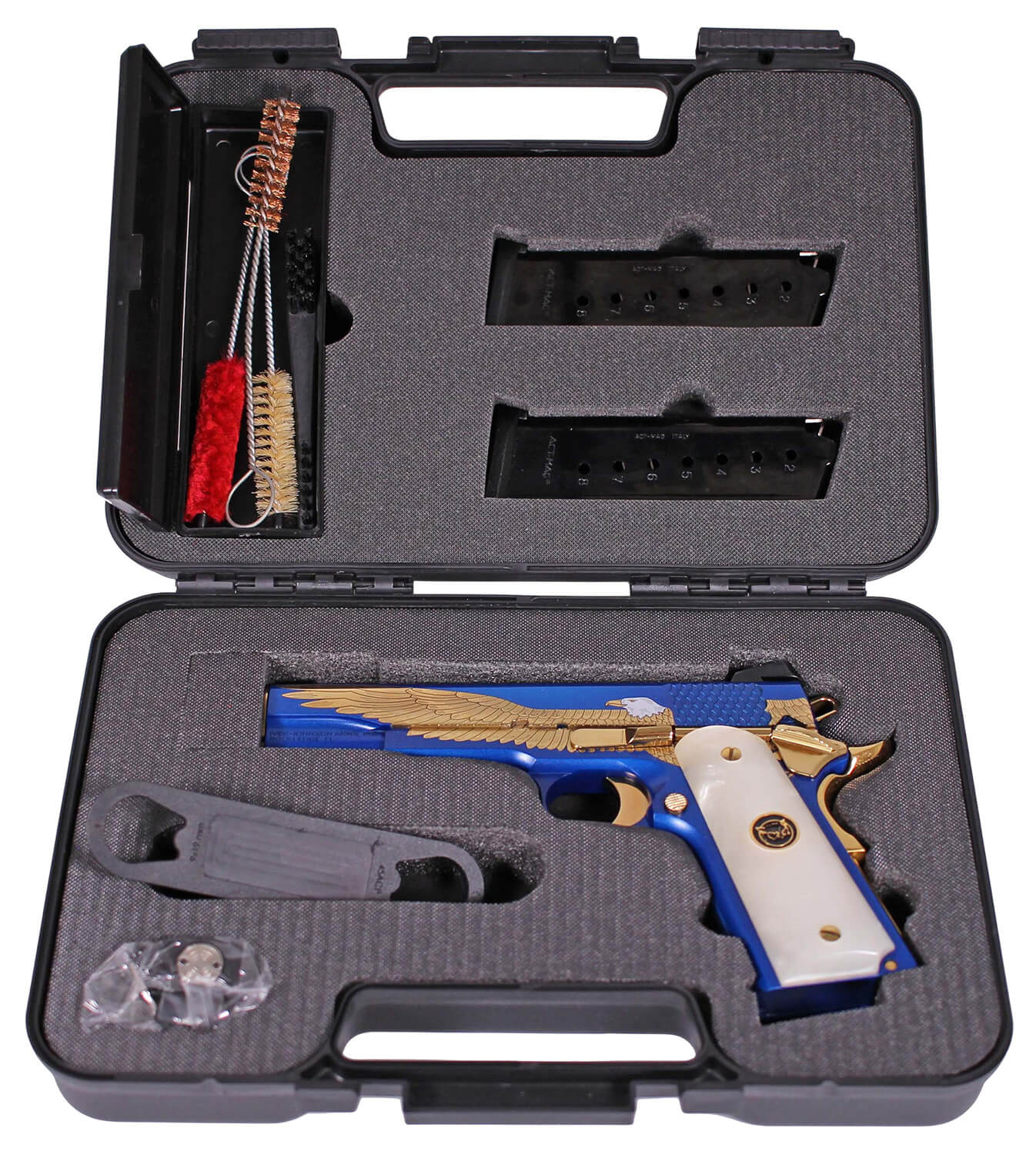 Iver Johnson Arms MAJESTICEAGLE Eagle Gen2 Majestic 45 ACP 8+1 5″ Polished Gold PVD Crowned Barrel Matte Royal Blue PVD w/Engraved Polished Gold Eagle Steel Serrated Slide Matte & Frame w/Beavertail White Pearlized w/Logo Medallion Grip Iver Johnson Arms MAJESTICEAGLE Eagle Gen2 Majestic 45 ACP 8+1 5″ Polished Gold PVD Crowned Barrel Matte Royal Blue PVD w/Engraved Polished Gold Eagle Steel Serrated Slide Matte & Frame w/Beavertail White Pearlized w/Logo Medallion Grip