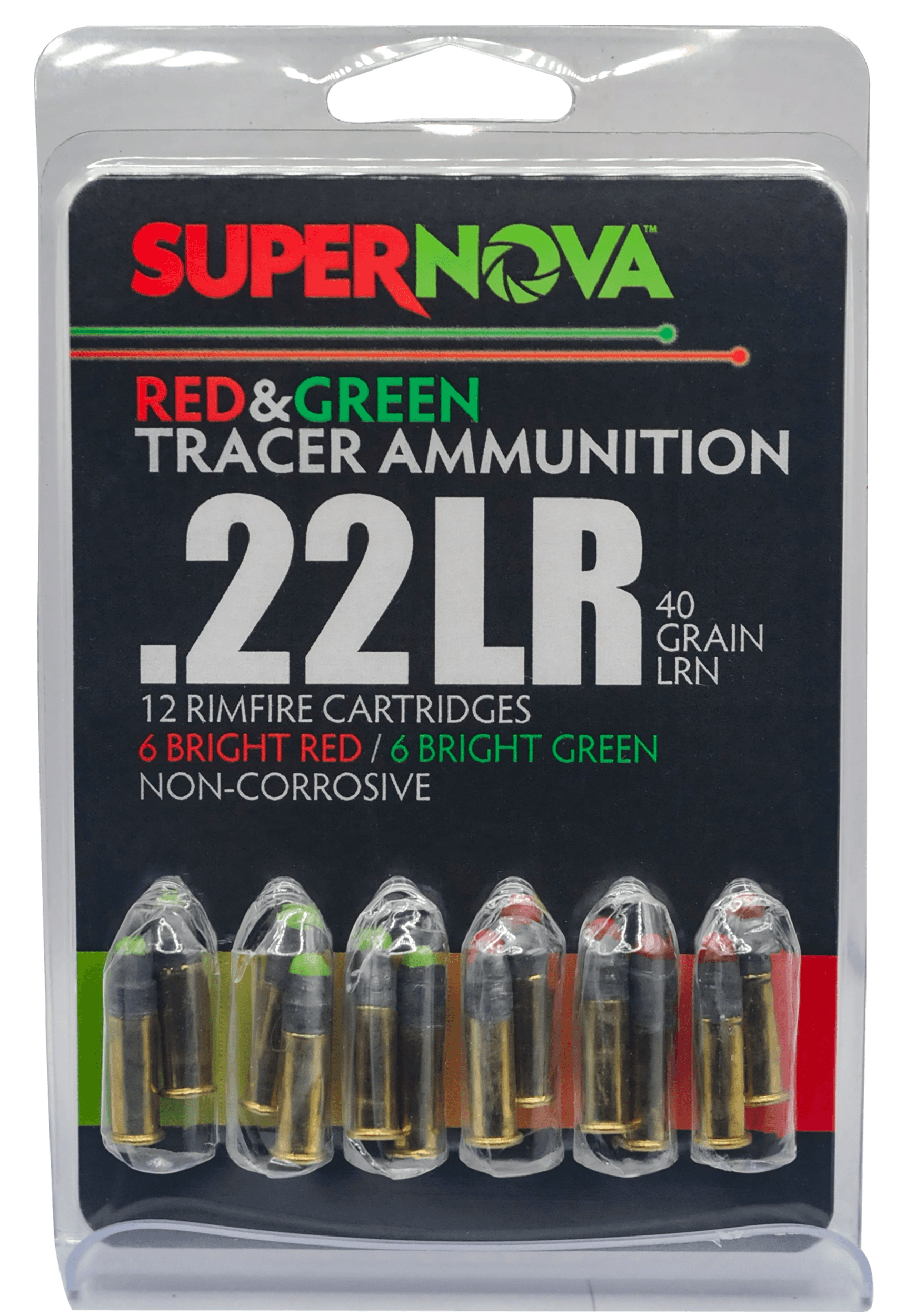 Supernova PMSN22LRMP Green/Red Tracer 22LR 40gr Lead Round Nose 12 Per Box/60 Case Supernova PMSN22LRMP Green/Red Tracer 22LR 40gr Lead Round Nose 12 Per Box/60 Case
