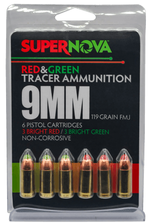Supernova PMSN9MMMP Green/Red Tracer 9mmLuger 119Gr Full Metal Jacket 6 Per Box/60 Case Supernova PMSN9MMMP Green/Red Tracer 9mmLuger 119Gr Full Metal Jacket 6 Per Box/60 Case