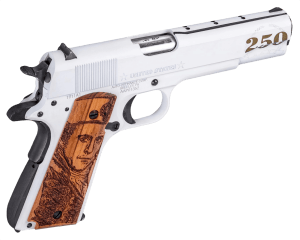 Auto-Ordnance 1911BKOC16 Navy 250th Anniversary Full Size Frame 45 ACP 7+1 5" Stainless Barrel  Arctic White/Savage Stainless Cerakote Carbon Steel Serrated w/Engraving Slide & Steel Frame w/Beavertail  Custom Engraved Wood Grip