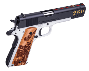 Auto-Ordnance 1911BKOC17 Marines 250th Anniversary Full Size Frame 45 ACP 7+1 5" Stainless Barrel  Midnight Blue Cerakote Carbon Steel Serrated w/Engraving Slide  Stormtrooper White Cerakote Steel Frame w/Beavertail  Custom Engraved Wood Grip