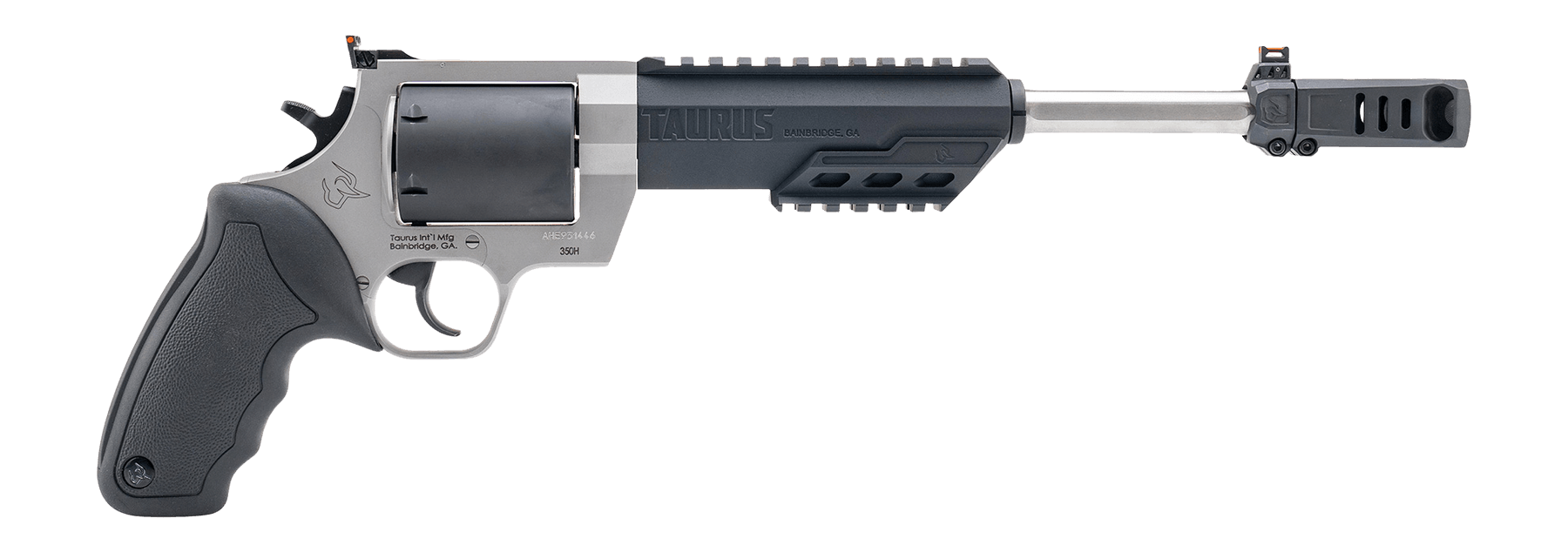 Taurus 2-350105RH Raging Hunter Large 350 Legend 6 Shot 10.50" Matte Stainless Picatinny Rail Barrel w/Muzzle Brake Matte Black Oxide Cylinder Matte Stainless Steel Frame Transfer Bar Safety Exposed Hammer