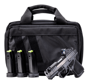 Rost Martin RM1SBLKOSP10CA(COMP)-P RM1S Comp Bundle *CA Compliant 9mm Luger 10+1 3.60" Compensated Barrel  Black Nitron Steel Integrated Compensator/Serrated w/Optic Slide  Black Polymer Frame w/Picatinny Rail  Textured Grip  Viridian RFX-11 Green Dot