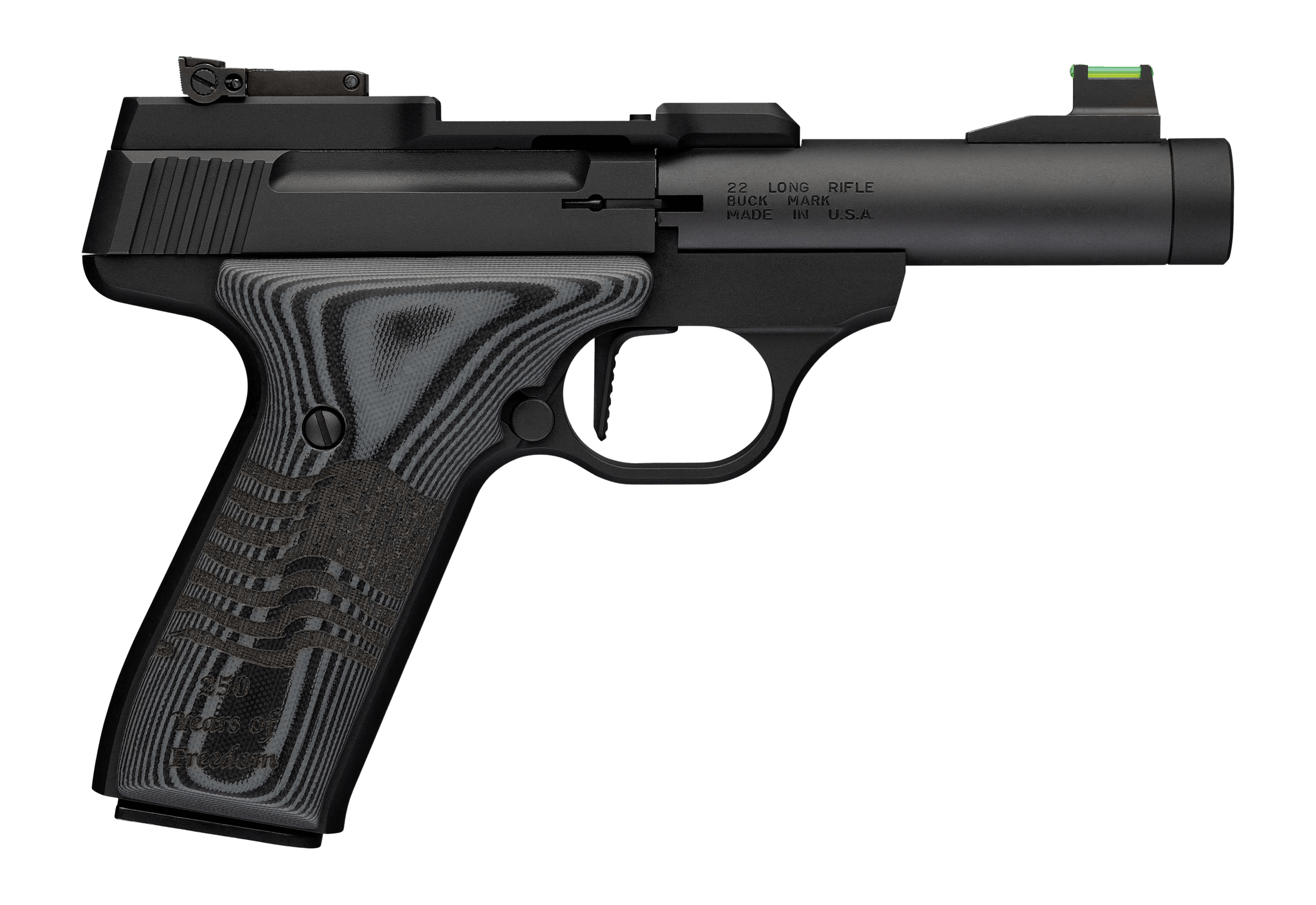 Browning 051611490 Buck Mark Black Label 250 SR 22 LR 10+1 4" Matte Black Bull Threaded Barrel Optics Cut Receiver Matte Black Aluminum Frame Black G10 Grip w/ Inscribed Waving Flag RMSc Footprint