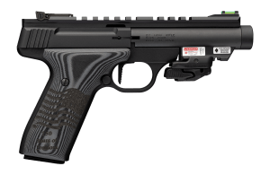 Browning 051612490 Buck Mark Black Label 250 SR 22 LR 10+1 4.40" Matte Black Threaded Bull Barrel  Matte Black Aluminum Frame w/Picatinny Rail Top & Bottom  Black G10 Grip w/ Inscribed Waving Flag  Crimson Trace Laser