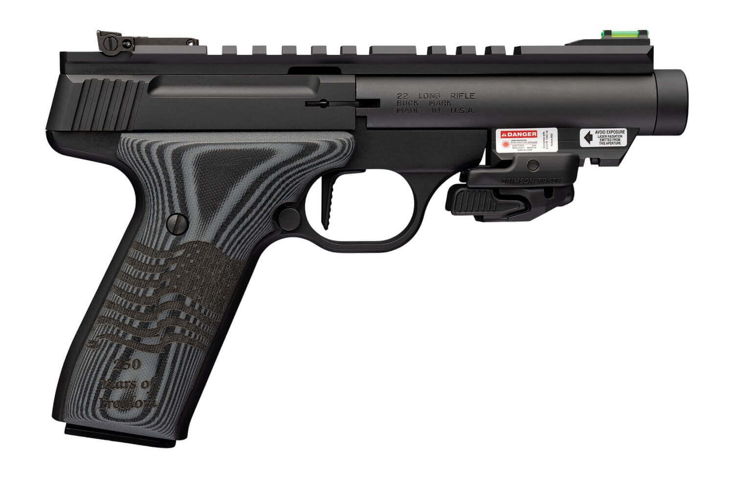 Browning 051612490 Buck Mark Black Label 250 SR 22 LR 10+1 4.40" Matte Black Threaded Bull Barrel Matte Black Aluminum Frame w/Picatinny Rail Top & Bottom Black G10 Grip w/ Inscribed Waving Flag Crimson Trace Laser - Image 4