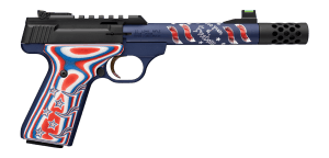 Browning 051615490 Buck Mark Freedom 250 SR 22 LR 10+1 5.90" Waving Flag Threaded Barrel  Blue Anodized Serrated w/Picatinny Rail  Aluminum Receiver  Red/White/Blue G10 Grip
