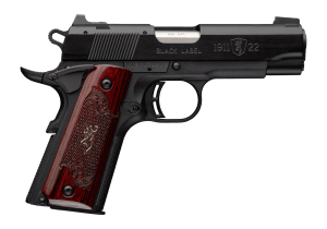 Browning 051070490 1911 Black Label Medallion Compact 22 LR 10+1 3.63" Matte Stainless Barrel  Black Anodized Aluminum Serrated Slide  Matte Black Polymer Frame w/Beavertail  Rosewood w/Gold BuckMark Inlay Grip