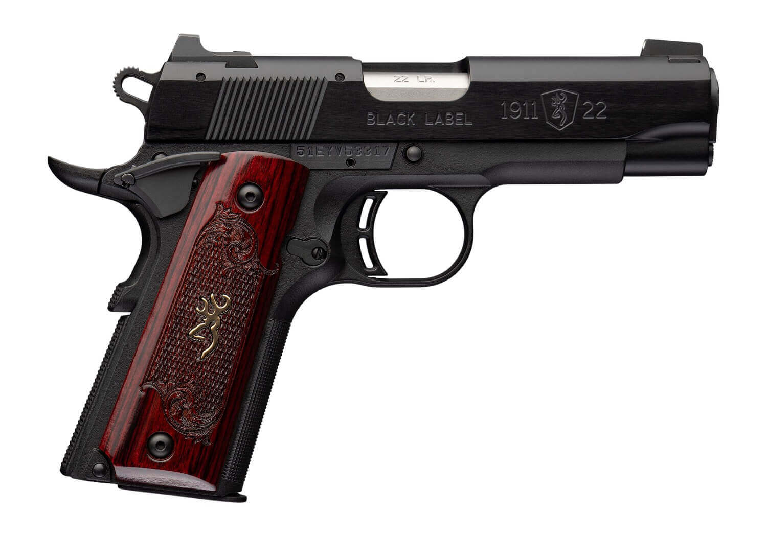 Browning 051070490 1911 Black Label Medallion Compact 22 LR 10+1 3.63" Matte Stainless Barrel Black Anodized Aluminum Serrated Slide Matte Black Polymer Frame w/Beavertail Rosewood w/Gold BuckMark Inlay Grip - Image 4
