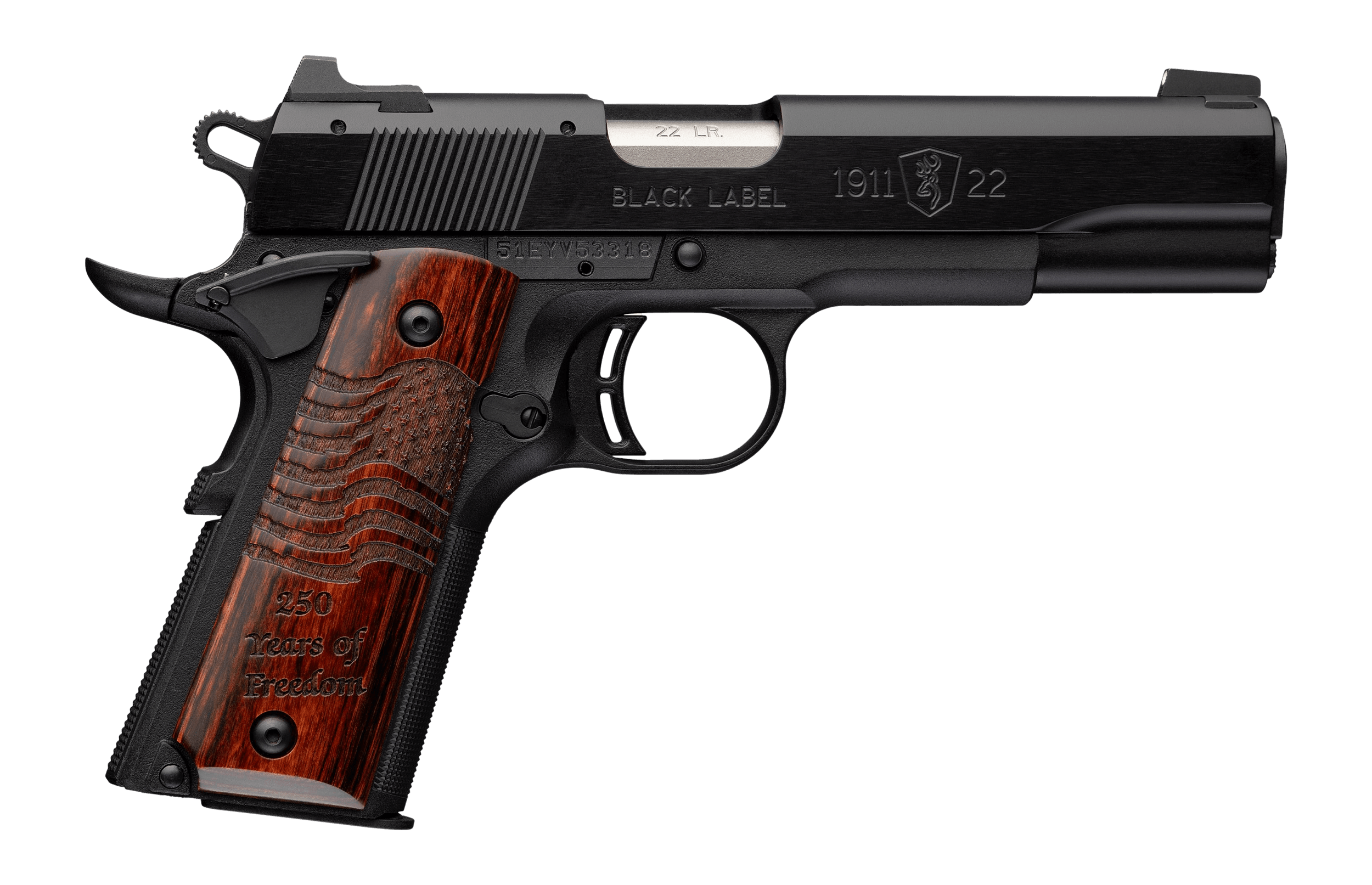 Browning 051071490 1911 Black Label Medallion 250 Full Size 22 LR 10+1 4.25" Matte Stainless Barrel Black Anodized Aluminum Serrated Slide Matte Black Polymer Frame Engraved Rosewood Grip