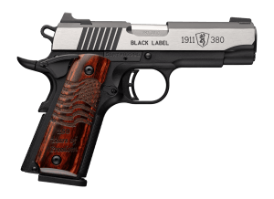Browning 051123492 1911 Black Label Medallion Pro 250 Compact Frame 380 ACP 8+1 3.63" Stainless Steel Barrel  Stainless Steel w/Blackened Slide Flats Serrated Slide  Matte Black Aluminum Frame w/Beavertail  Rosewood Checkered Grips