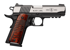 Browning 051125492 1911 Black Label Medallion 250 Compact 380 ACP 8+1 3.63" Matte Stainless Barrel &  Blackened w/Silver Polished Flats Serrated Slide  Matte Black Polymer Frame w/Beavertail & Picatinny Rail  Engraved Rosewood Grip