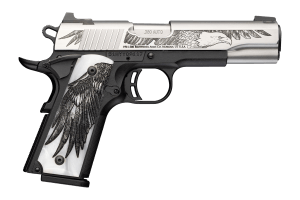 Browning 051126492 1911 Black Label Medallion 250 Commemorative Edition Full Size 380 ACP 8+1 4.25" Matte Stainless Steel Barrel & Serrated Slide w/Engraving  Matte Black Polymer Frame  White Imitation Pearl Grip w/Laser Engraved Wing