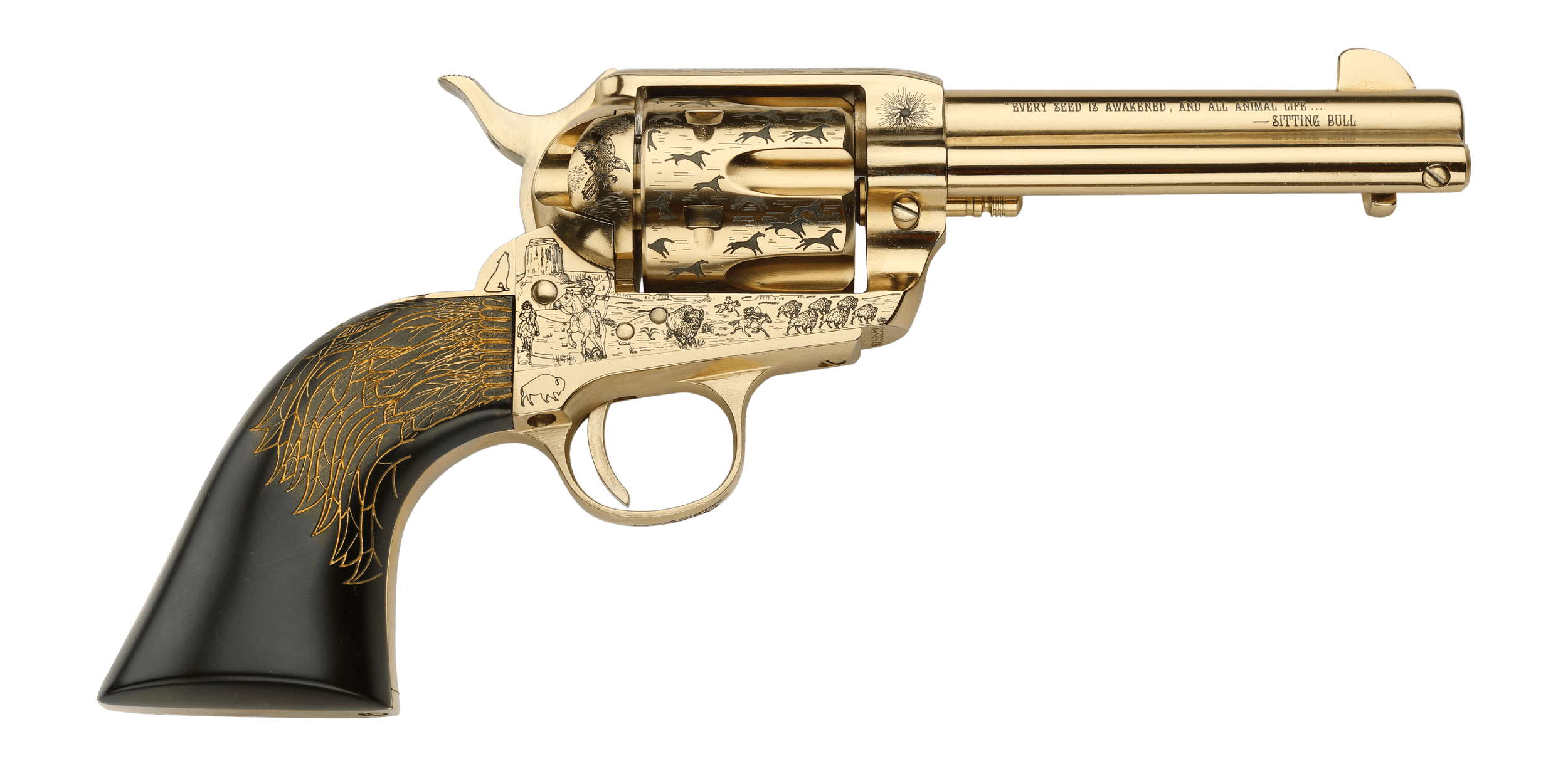 Pietta PFI45KOP434EP Keeper Of The Plains 45 Colt (Long Colt) 6 Shot 4.75" Ultra Black Engraved w/Eagle Feather Grip