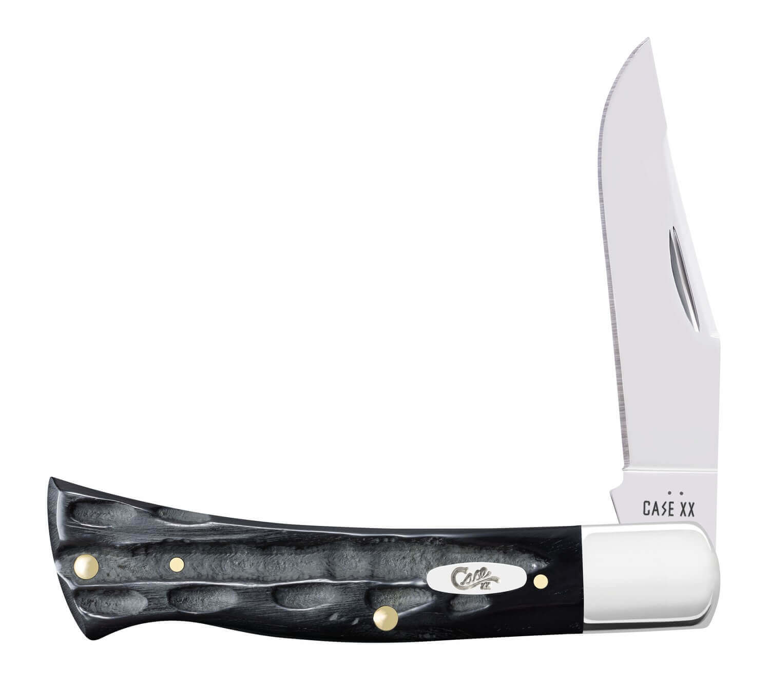 Case 65034 Axe Handle Folding Clip Point Plain Mirror Polished Tru-Sharp SS Blade Rough Black Jigged Buffalo Horn Handle - Image 4
