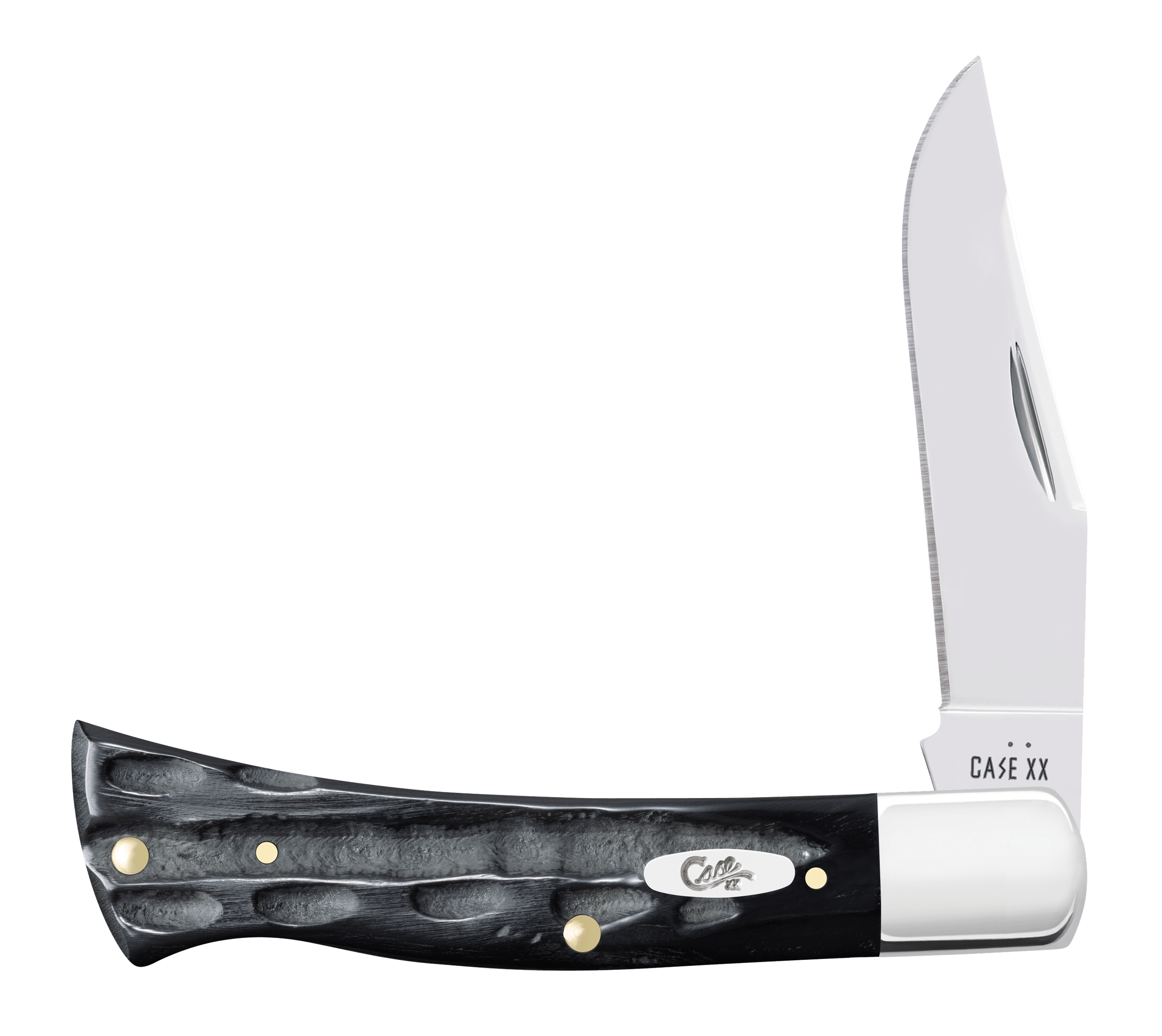 Case 65034 Axe Handle Folding Clip Point Plain Mirror Polished Tru-Sharp SS Blade Rough Black Jigged Buffalo Horn Handle