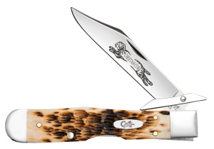 Case 10812 Cheetah Cub  Folding Clip Point w/Swing Guard Plain Polished Tru-Sharp SS Blade  Peach Seed Jigged Amber Bone Handle
