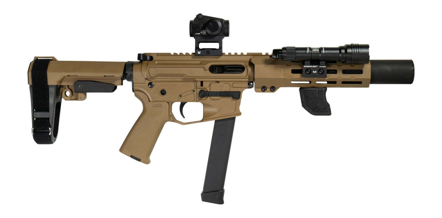 Shark Coast Tactical SCC06728SPFDE9-D Sneeky Pete Deluxe w/Optic 9mm Luger 30+1 5.50" Black Melonite Threaded Barrel Flat Dark Earth Cerakote Receiver SB Tactical SBA3 Brace Vortex Crossfire Red Dot Streamlight ProTac Rail Light 2 Tiger Claw Grip - Image 2