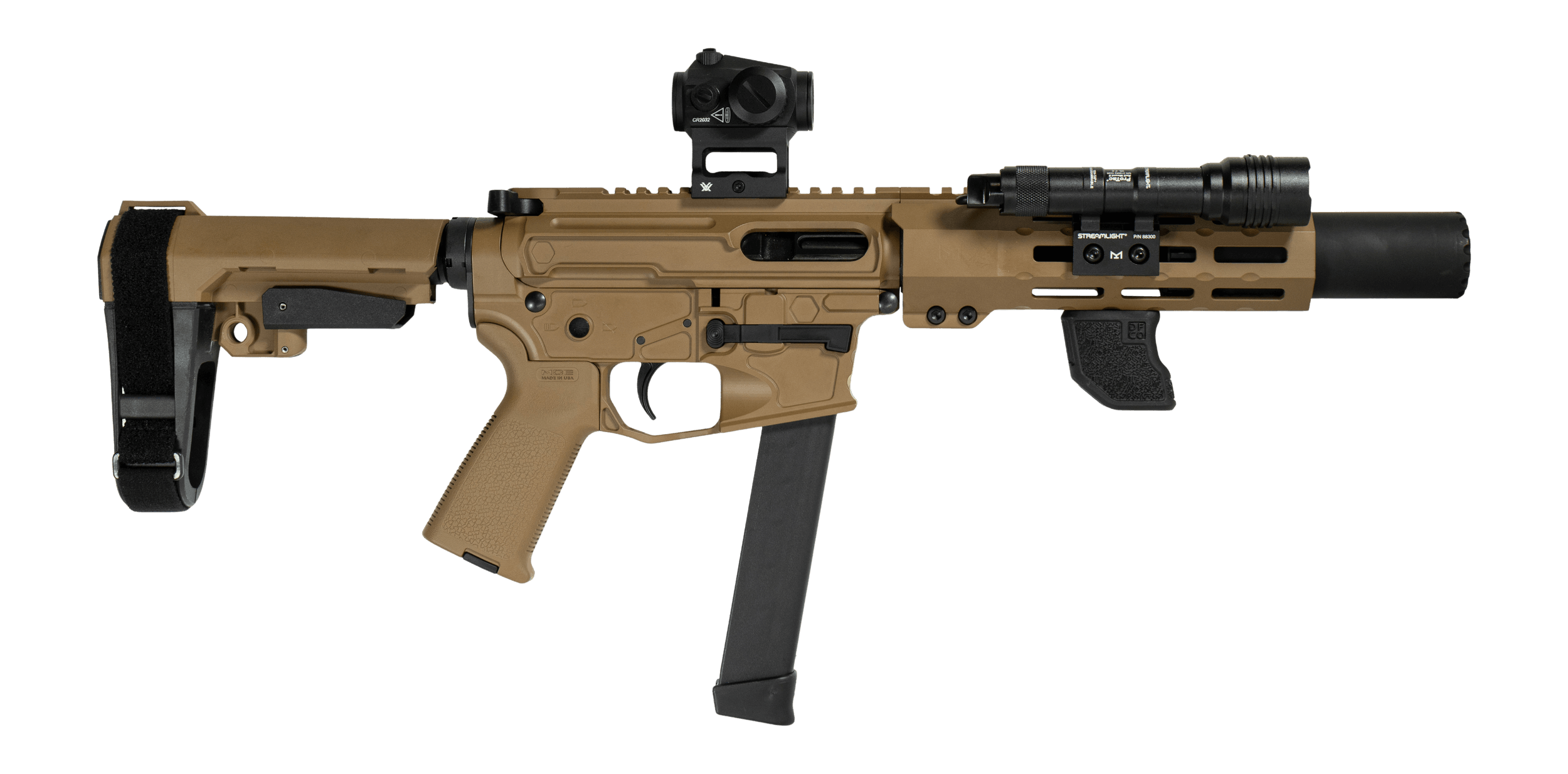 Shark Coast Tactical SCC06728SPFDE9-D Sneeky Pete Deluxe w/Optic 9mm Luger 30+1 5.50" Black Melonite Threaded Barrel Flat Dark Earth Cerakote Receiver SB Tactical SBA3 Brace Vortex Crossfire Red Dot Streamlight ProTac Rail Light 2 Tiger Claw Grip
