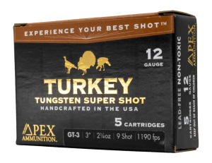 Apex Ammunition GT3-9 Turkey TSS 12Gauge 3ā³ 2 1/4oz 9Shot 5 Per Box/10 Case Apex Ammunition GT3-9 Turkey TSS 12Gauge 3ā³ 2 1/4oz 9Shot 5 Per Box/10 Case