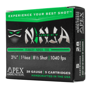 Apex Ammunition NINJA28 Ninja TSS 28Gauge 2.75ā³ 1 3/8oz 8.5Shot 5 Per Box/10 Case Apex Ammunition NINJA28 Ninja TSS 28Gauge 2.75ā³ 1 3/8oz 8.5Shot 5 Per Box/10 Case