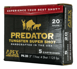 Apex Ammunition PK20-154 Predator TSS 20Gauge 3ā³ 1 1/2oz 4Shot 5 Per Box/10 Case Apex Ammunition PK20-154 Predator TSS 20Gauge 3ā³ 1 1/2oz 4Shot 5 Per Box/10 Case