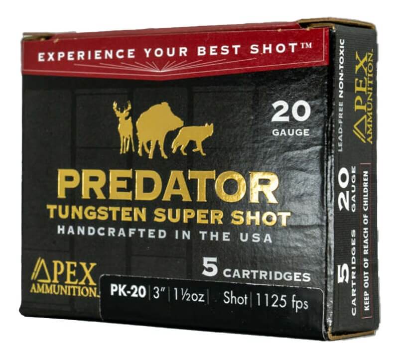 Apex Ammunition PK20-152 Predator TSS 20Gauge 3″ 1 1/2oz 2Shot 5 Per Box/10 Case Apex Ammunition PK20-152 Predator TSS 20Gauge 3″ 1 1/2oz 2Shot 5 Per Box/10 Case