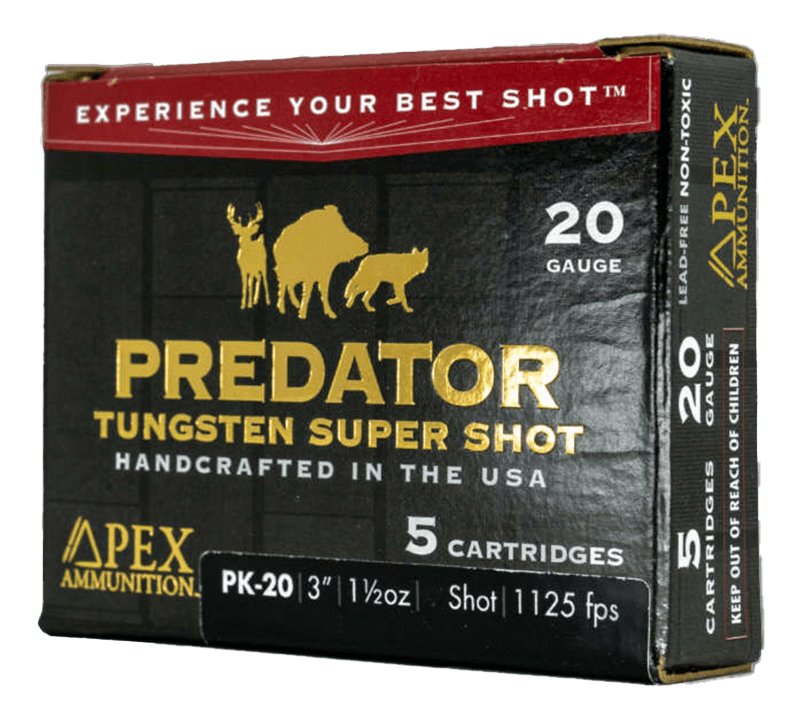 Apex Ammunition PK20-152 Predator TSS 20Gauge 3″ 1 1/2oz 2Shot 5 Per Box/10 Case Apex Ammunition PK20-152 Predator TSS 20Gauge 3″ 1 1/2oz 2Shot 5 Per Box/10 Case