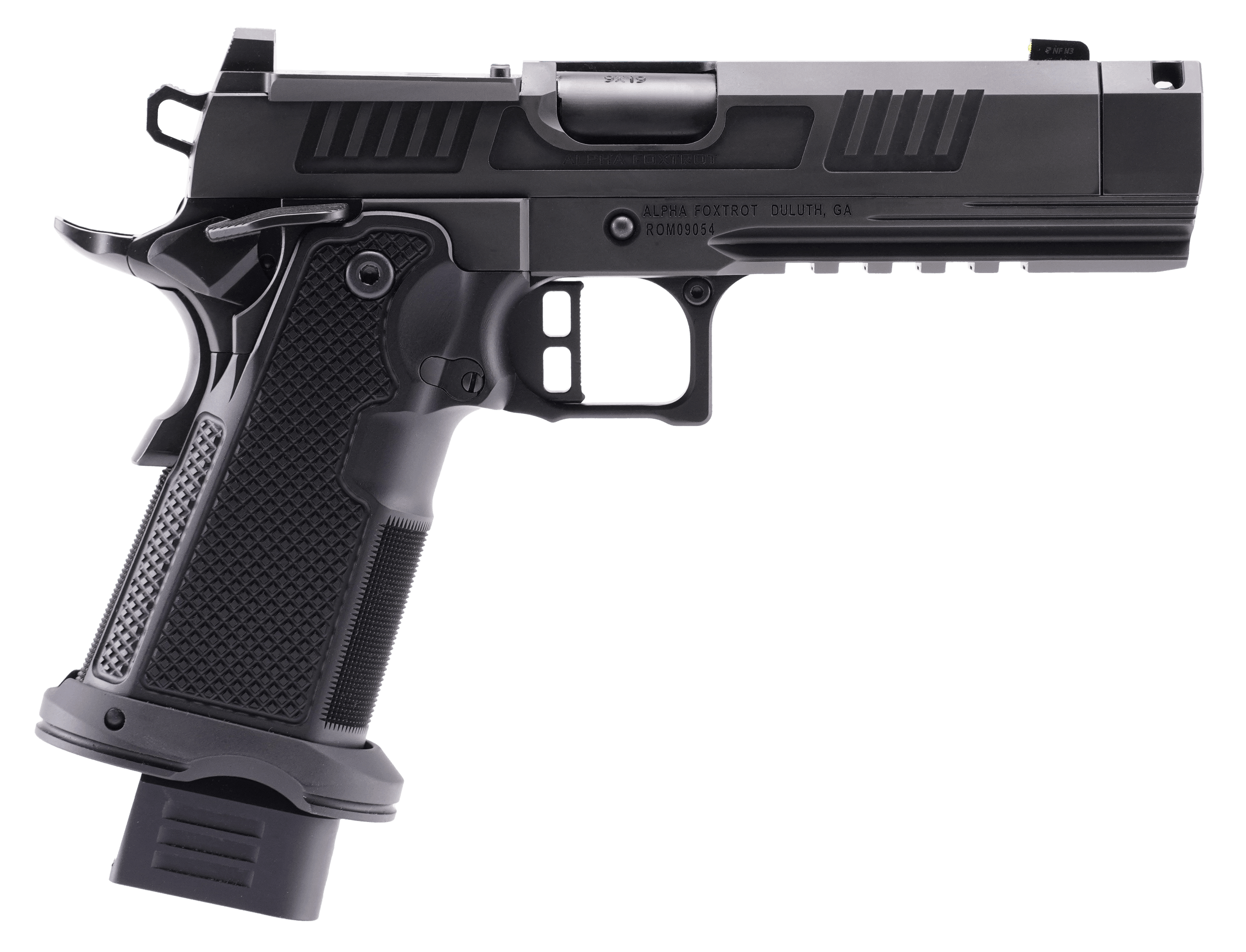 Alpha Foxtrot AA47X1CIG-XDBK19 AF1911 Romulus 9mm Luger 20+1 4.25" Black DLC Stainless Steel Threaded Compensated Barrel Optic Ready/Serrated Slide & Frame w/Beavertail & Picatinny Rail Aluminum Grip RMSc/RMR Footprint