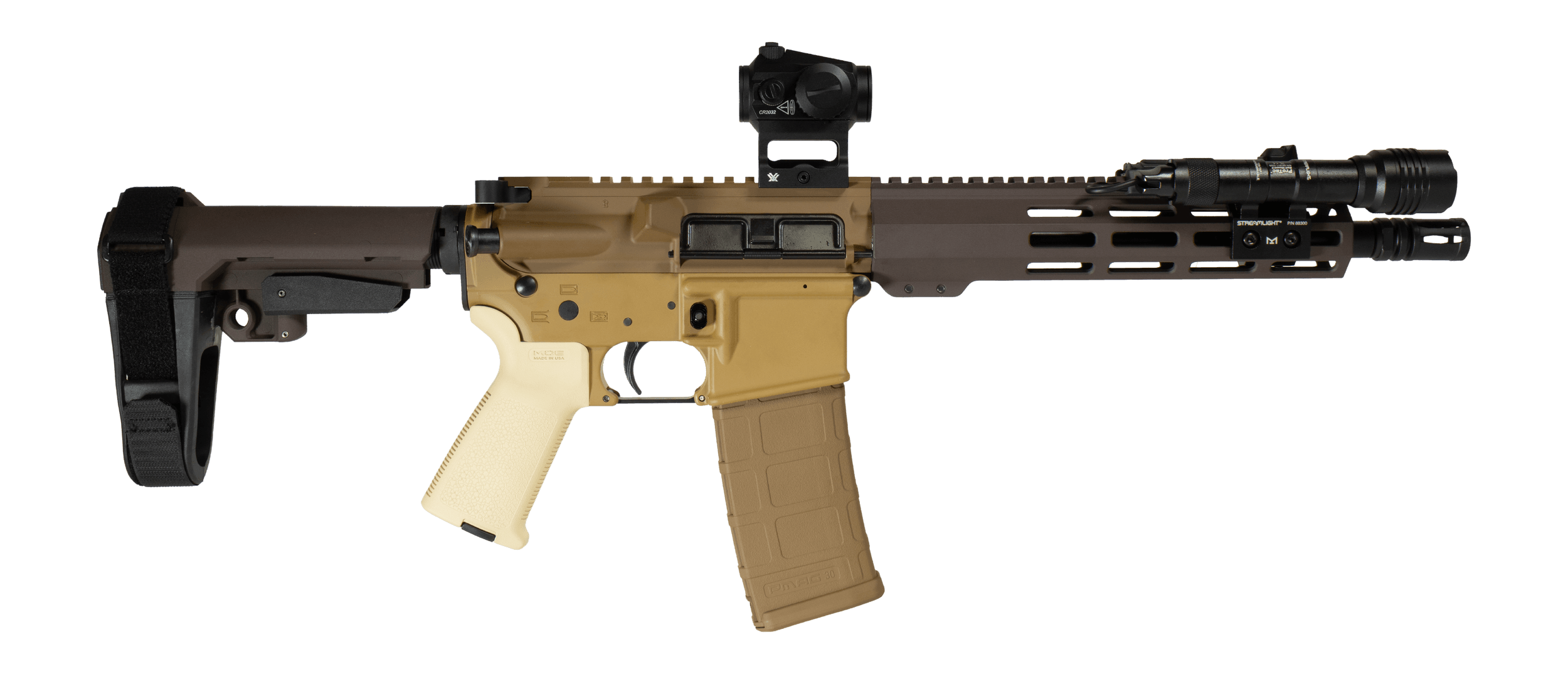 Shark Coast Tactical SCC06827KRA300-P Kraken 300 Blackout 30+1 10" Threaded Barrel Aluminum Receiver w/Picatinny Rail M-LOK Handguard Polymer SB Tactical SBA3 Brace Streamlight ProTac Rail Light 2 Vortex Crossfire Red Dot Magpul MOE Grip